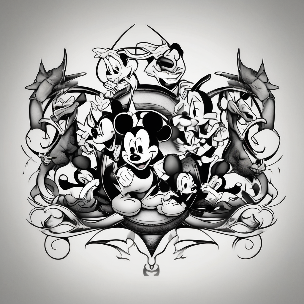 Disney charter aniamls sleeve tattoo floral sleeve tattoo, design de tatouage Noir et blanc généré par IA